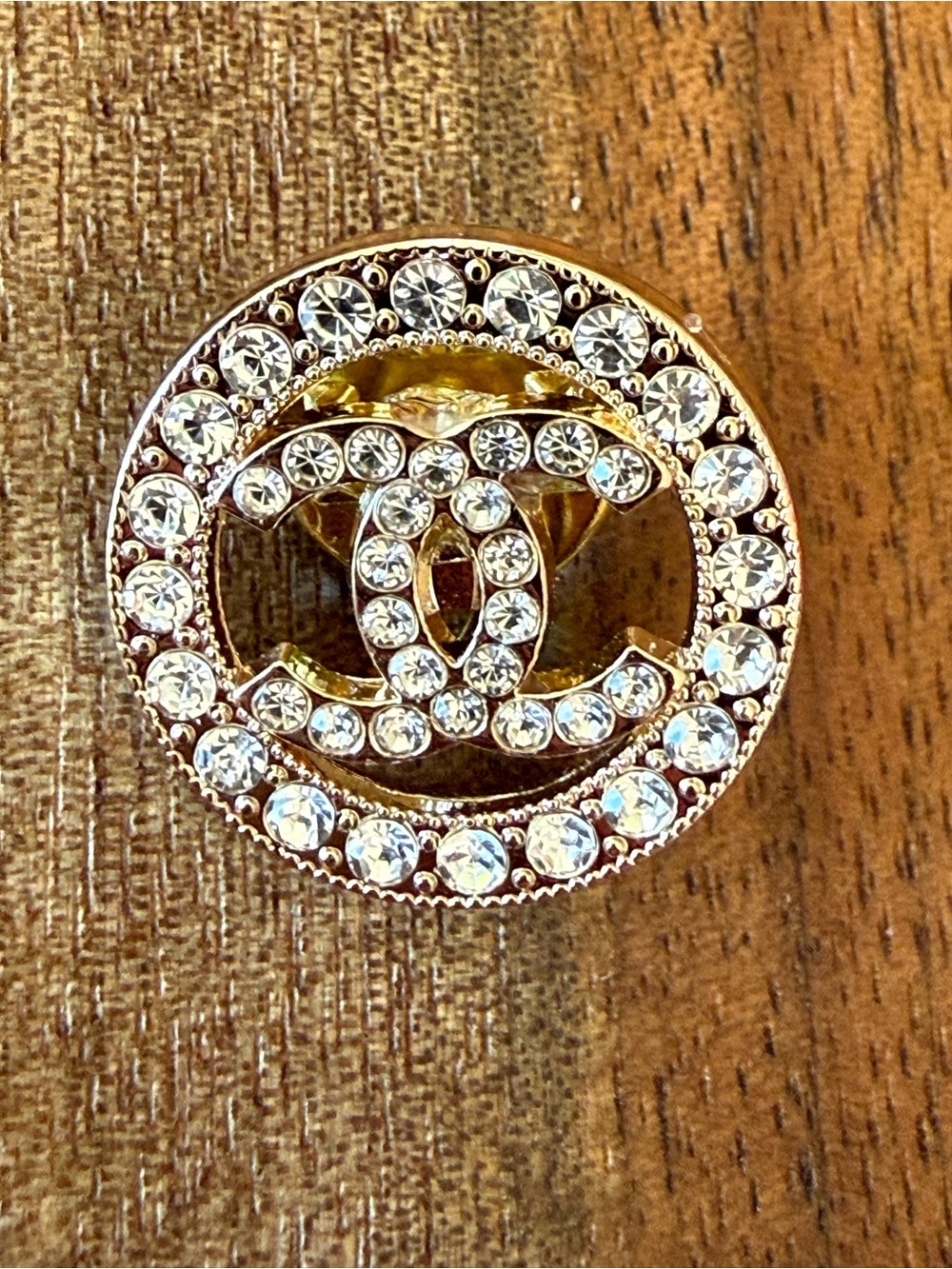 ChaneI Gold-Tone Crystal Logo Tack Pin Brooch - Clear Crystals